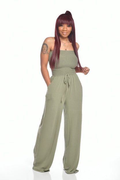 🔥2024 Hot Sale 49%-OFF🔥Off Shoulder Solid Color Smocked Jumpsuit