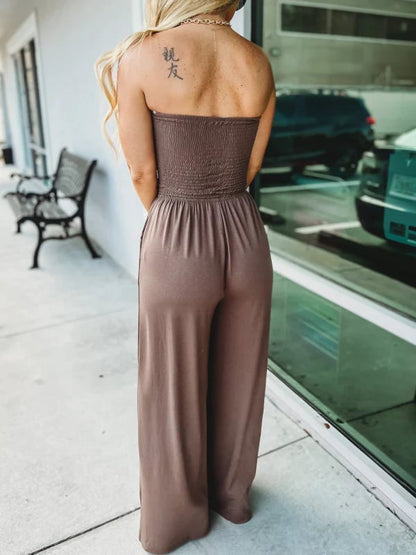 🔥2024 Hot Sale 49%-OFF🔥Off Shoulder Solid Color Smocked Jumpsuit