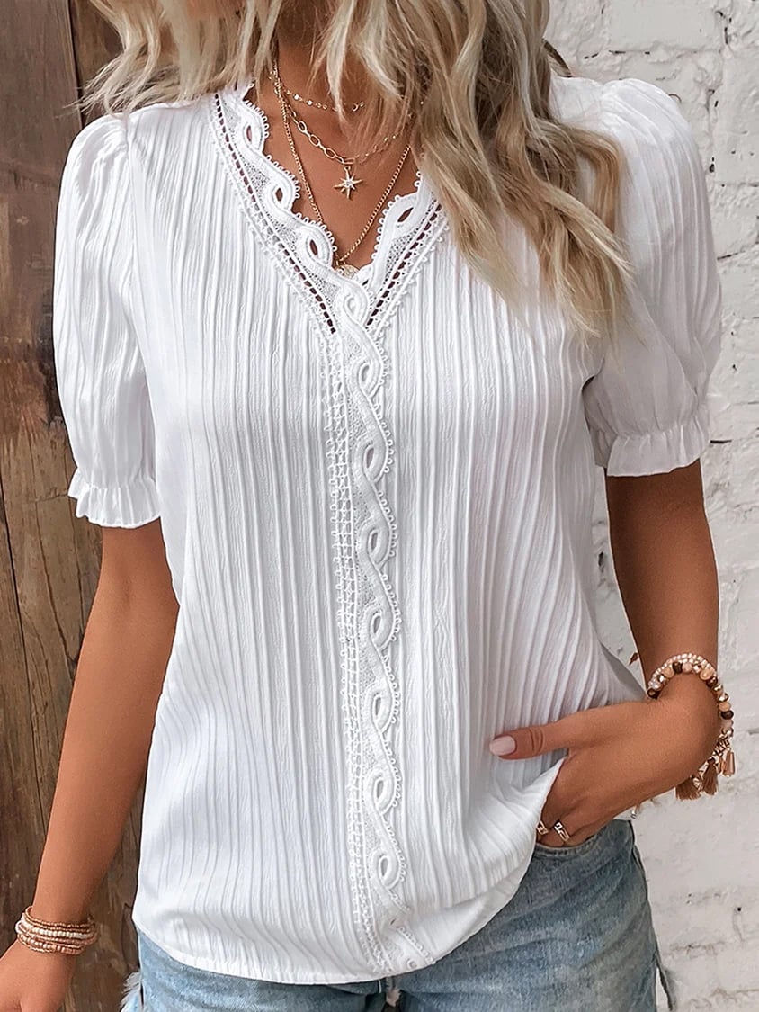 (🎁2026 New Year Hot Sale🎁)Limited Stock🔥V Neck Plain Lace Elegant Shirt（Buy 2 Free Shipping）