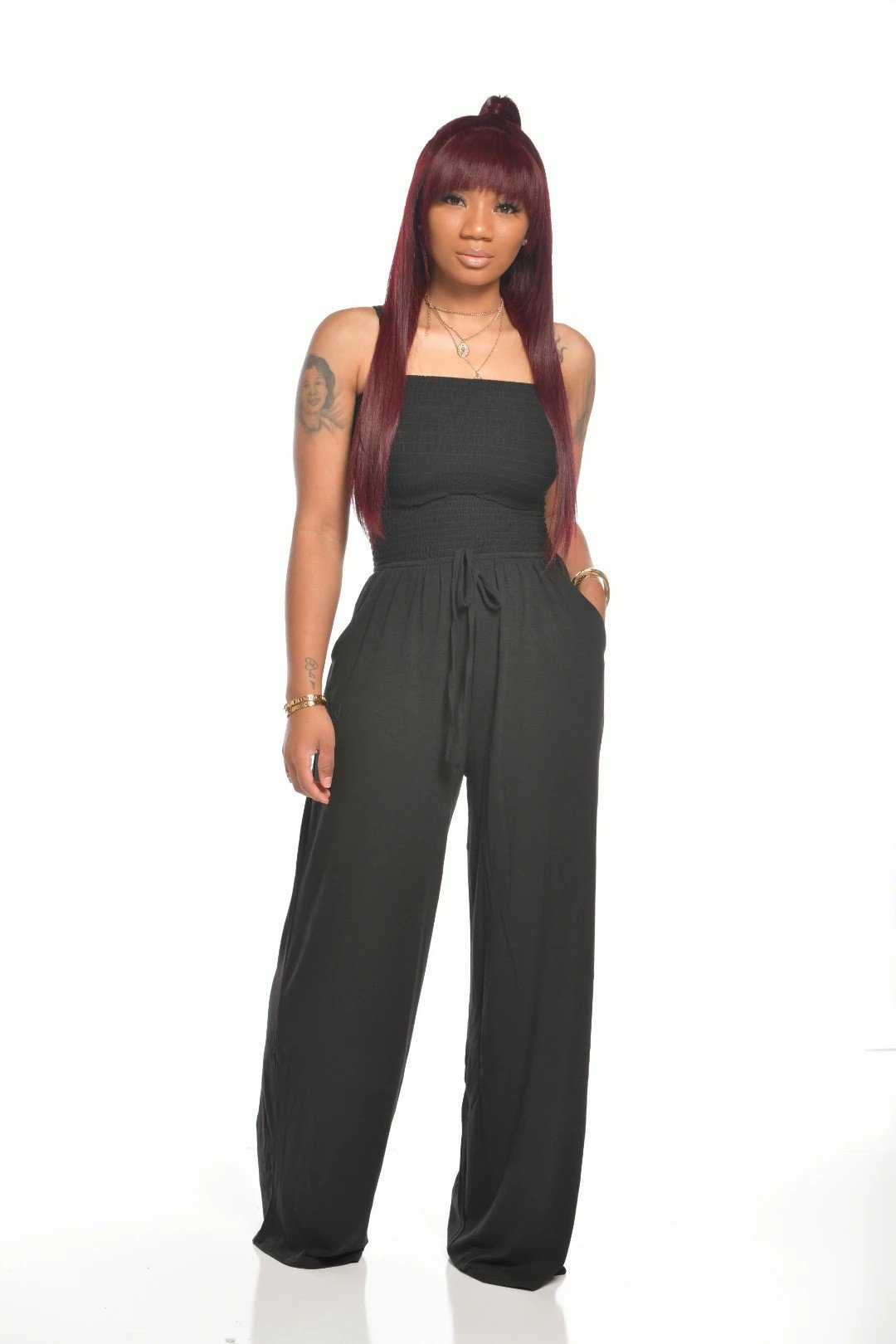 🔥2024 Hot Sale 49%-OFF🔥Off Shoulder Solid Color Smocked Jumpsuit
