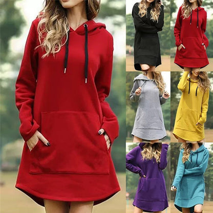 Best Gift for Her - Women's Casual Loose Solid Color Hoodie Dress