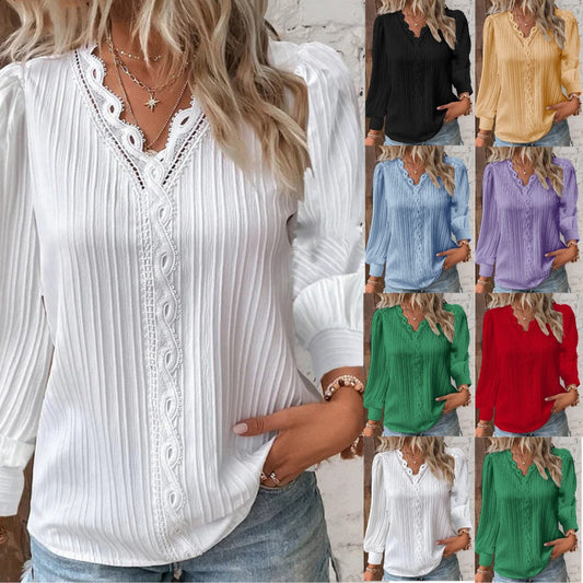 Women's Long Sleeve V Neck Lace Loose Shirt (🎁2024 New Year Hot Sale🎁)Buy 2 Free Shipping