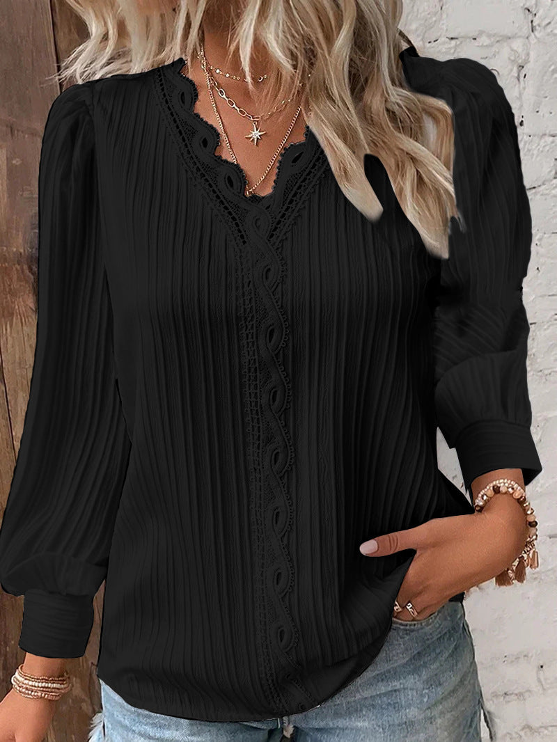 Women's Long Sleeve V Neck Lace Loose Shirt (🎁2024 New Year Hot Sale🎁)Buy 2 Free Shipping