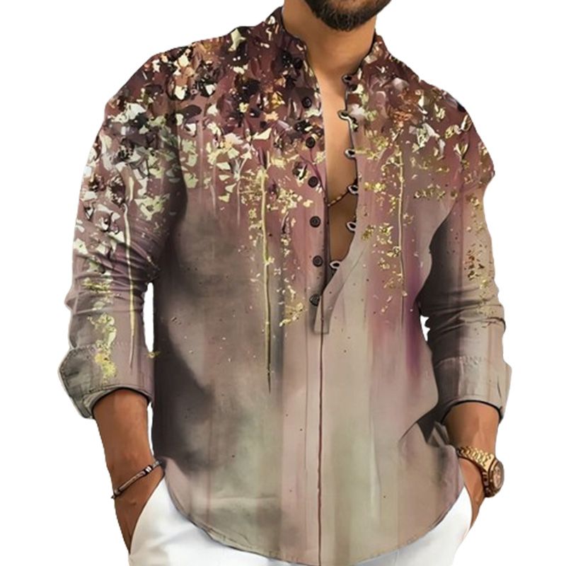 Men's Stand Collar Casual Print Long-sleeve Shirt