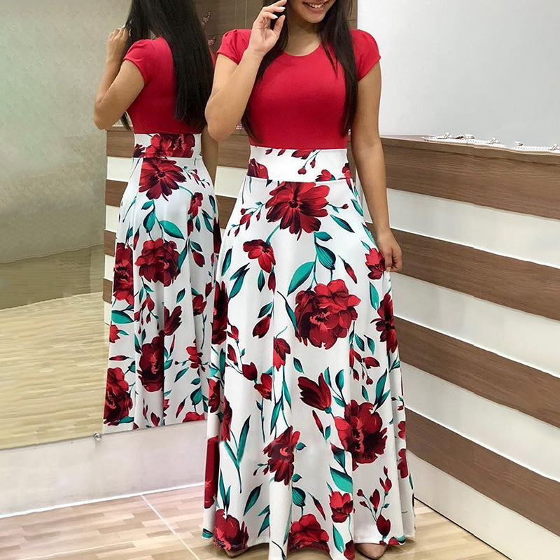Fashion Colorblocking Printed Slim Long Dress