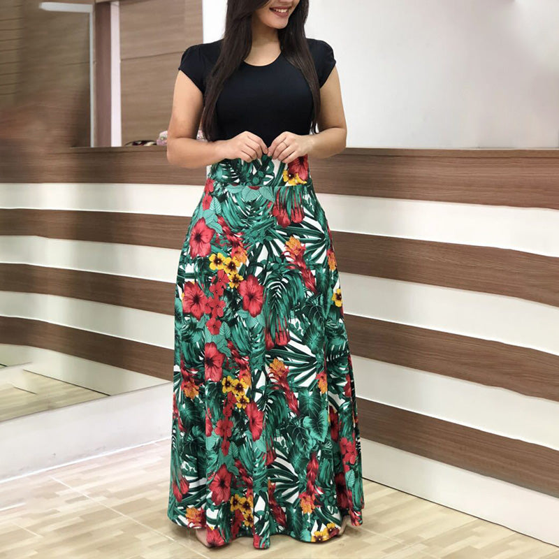 Fashion Colorblocking Printed Slim Long Dress