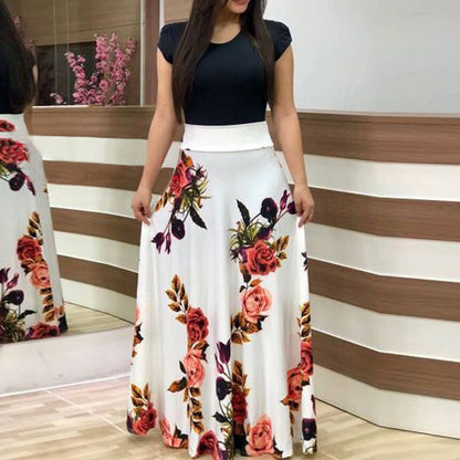 Fashion Colorblocking Printed Slim Long Dress