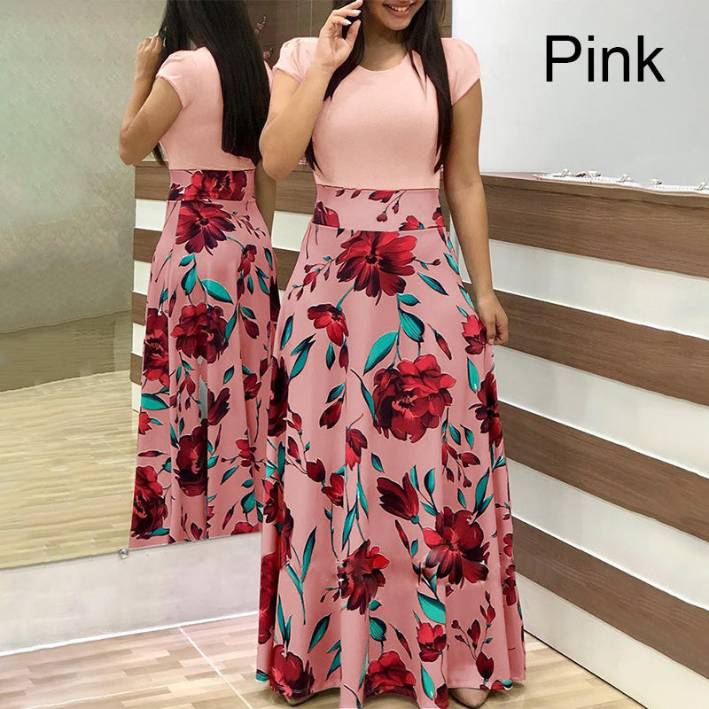 Fashion Colorblocking Printed Slim Long Dress