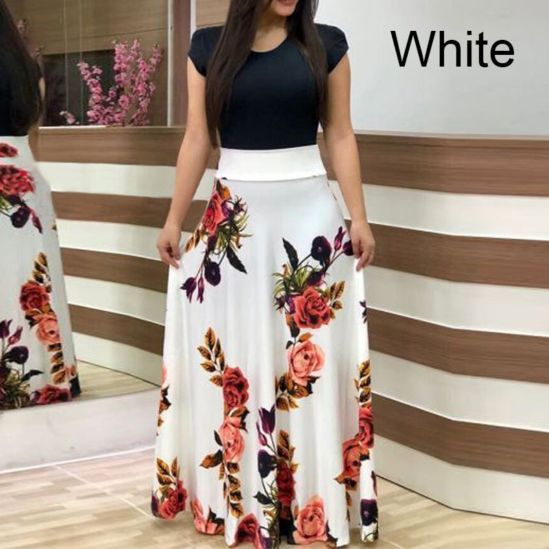 Fashion Colorblocking Printed Slim Long Dress
