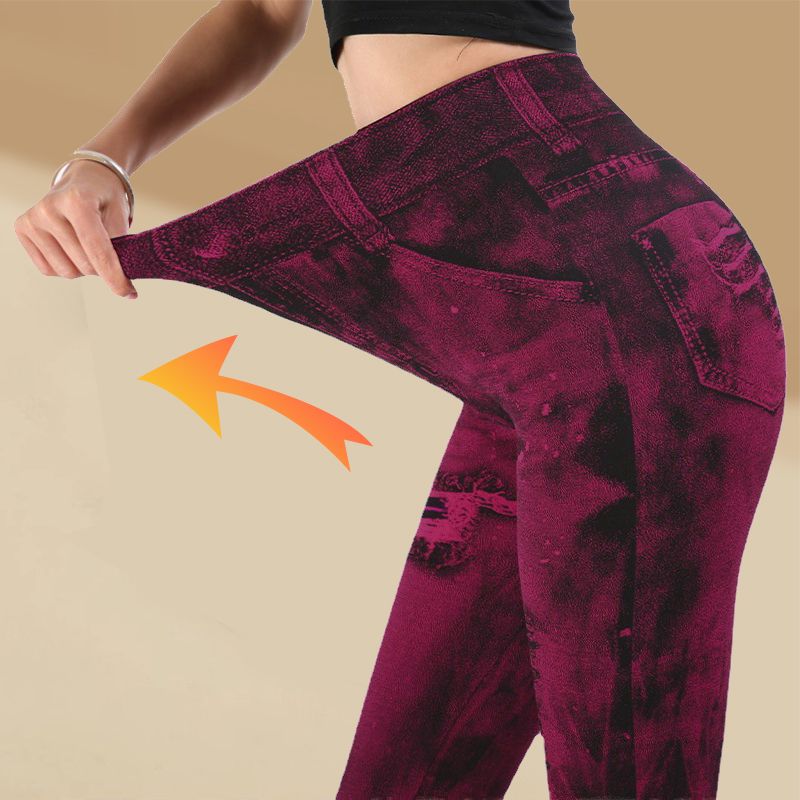 Women’s Stretch Fake Ripped Denim Jacquard Legging Pants