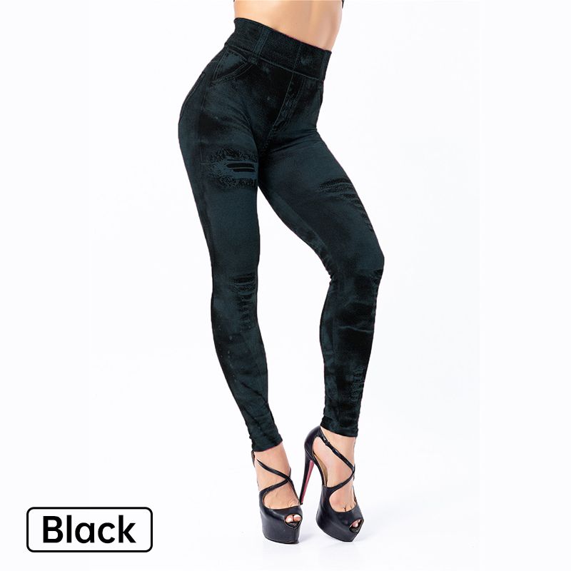 Women’s Stretch Fake Ripped Denim Jacquard Legging Pants