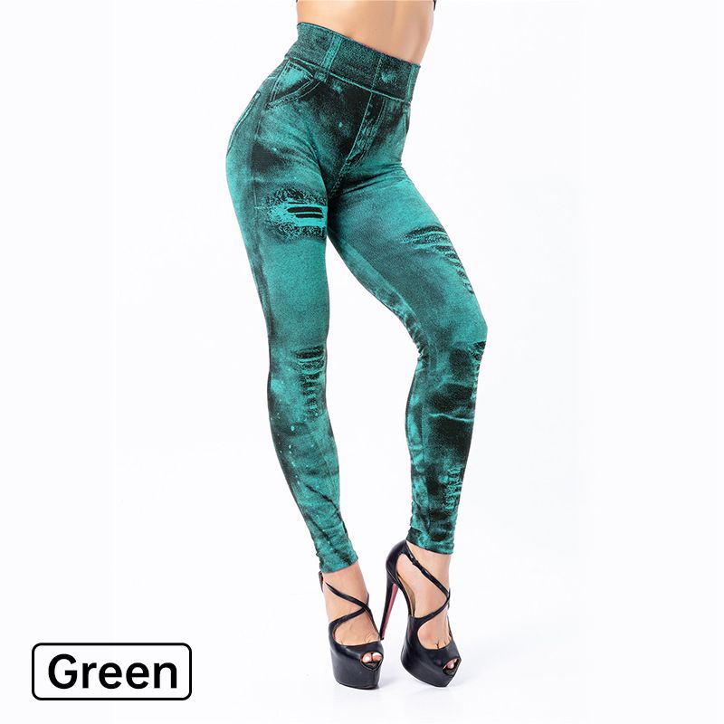 Women’s Stretch Fake Ripped Denim Jacquard Legging Pants