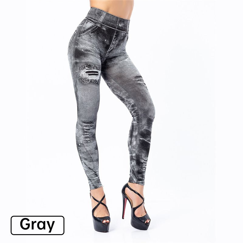 Women’s Stretch Fake Ripped Denim Jacquard Legging Pants